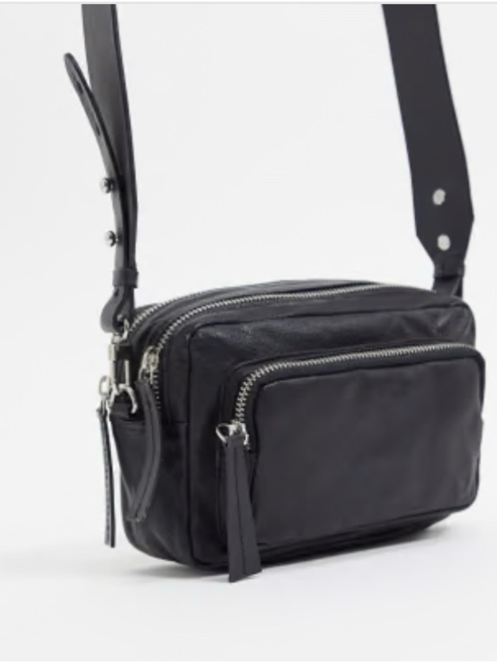Topshop Black Leather Crossbody Belt Bag with Silver Zips